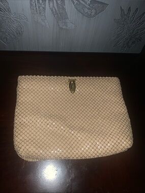 Beige Metal Mesh Clutch Bag with Gold Accent